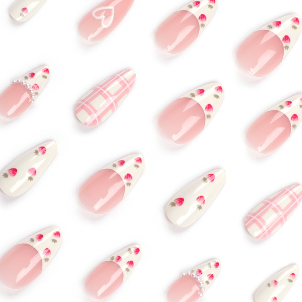 Sweet Almond Press-On Nails with 3D Hearts & Strawberry Design – Medium Fake Nails