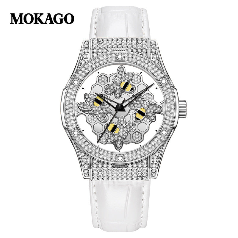 MOKAGO Women’s Quartz Watch – Diamond Hollow Dial, Leather Strap, Waterproof Timepiece