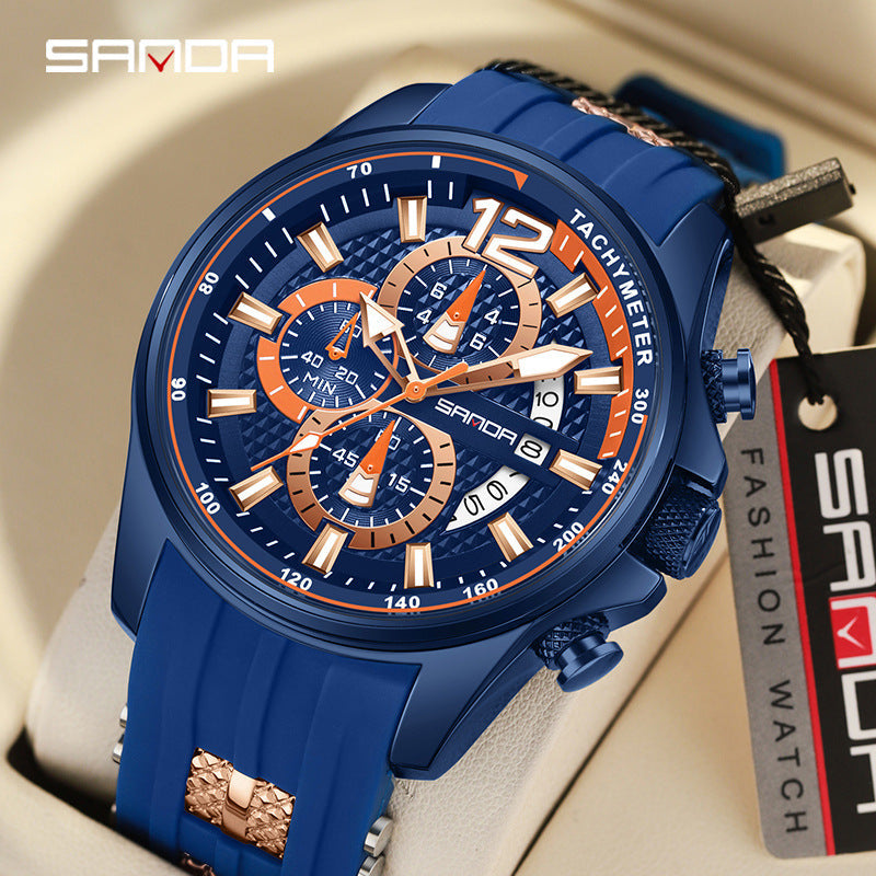 Sanda Men’s Quartz Watch – Three-Eye Chronograph, Waterproof Business Analog Watch