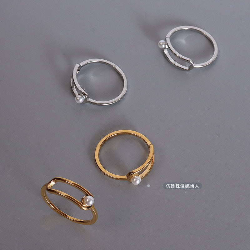 Open Frame Pearl Accent Ring – Elegant Minimal Titanium Steel Jewelry for Women