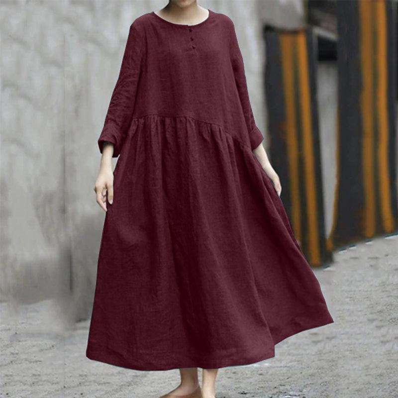 Women’s Cotton Linen Long Sleeve A-Line Dress – Irregular Splicing, Round Neck