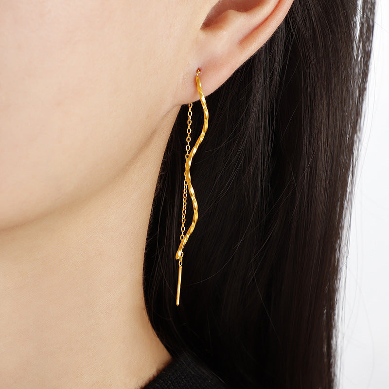 Gold Wavy Tassel Earrings – Titanium Steel Geometric Jewelry for Women