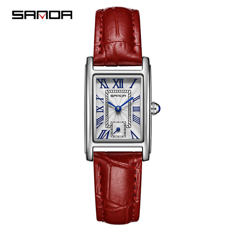 Sanda Women’s Classic Square Quartz Watch – Leather Strap, Semi-Waterproof Watch