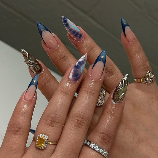 Futuristic Blue Chrome Stiletto Press-On Nails – 3D Star & Abstract Design