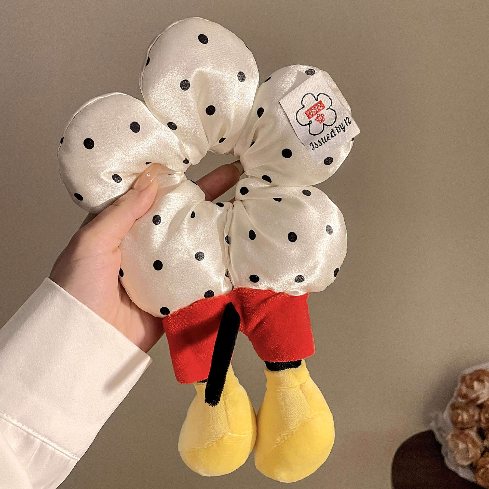 Mickey Flower Polka Dot Hair Scrunchie – Cute Plush Ball Princess Hair Tie for Women