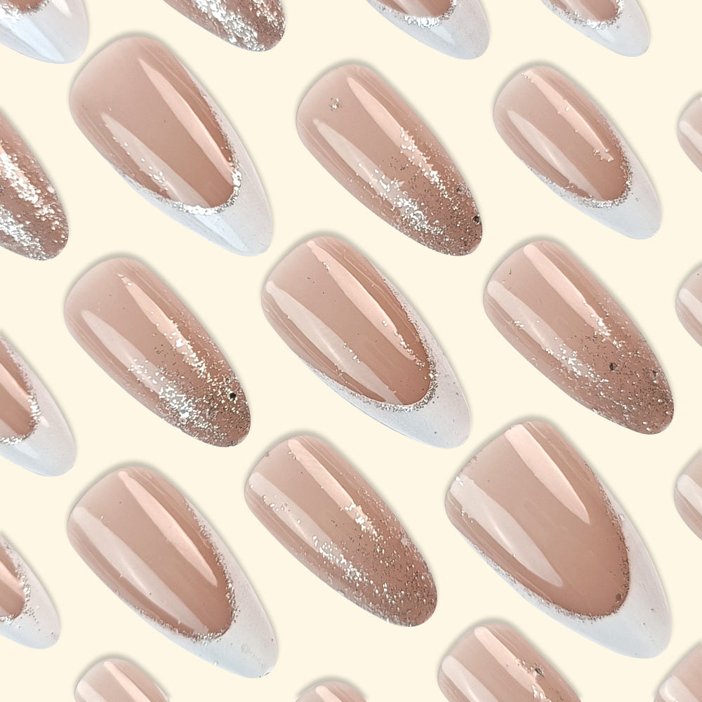 French Tip Press-On Nails with Glitter Gradient, Medium Almond Acrylic Glue-On Set