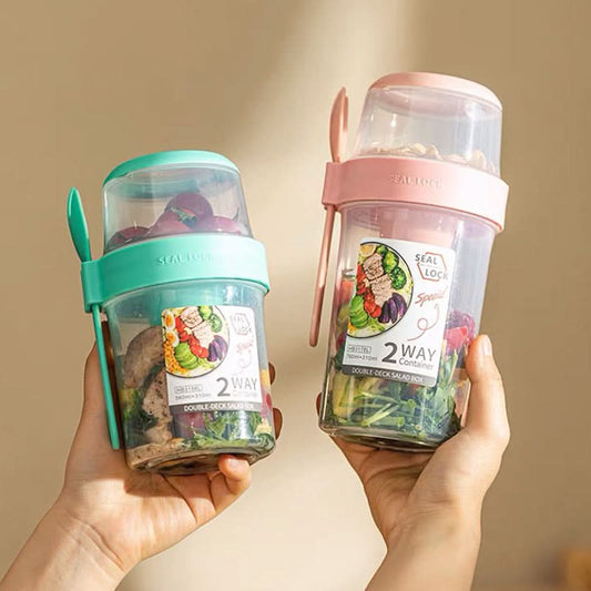 Portable Double-Layer Salad & Oatmeal Cup – With Fork, Microwave-Safe