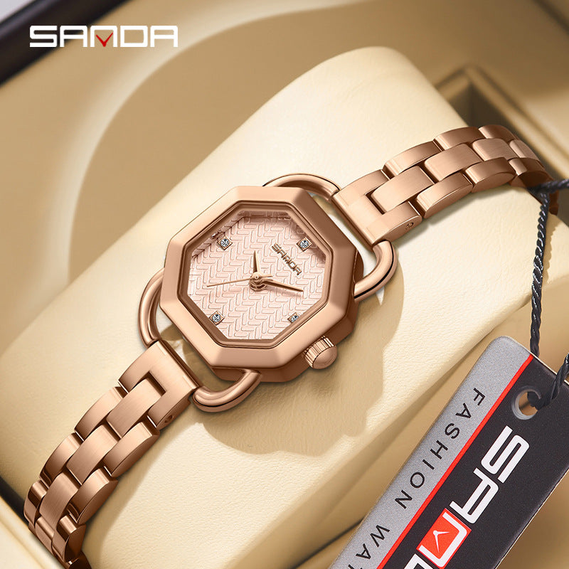 Sanda Women’s Stainless Steel Quartz Watch – Octagonal Dial, Waterproof Analog Watch