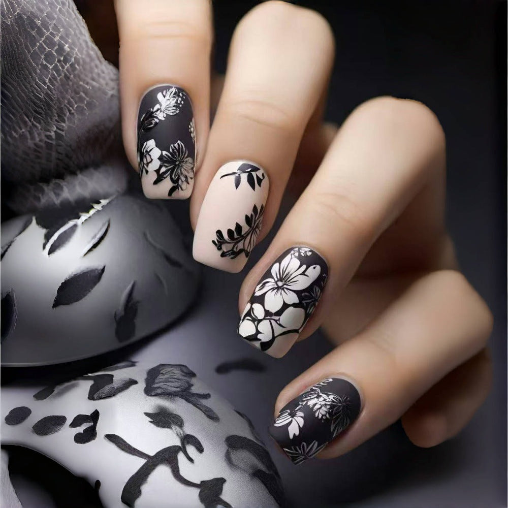 Medium Square Press-On Nails – Matte Black & White Floral Nail Art Design