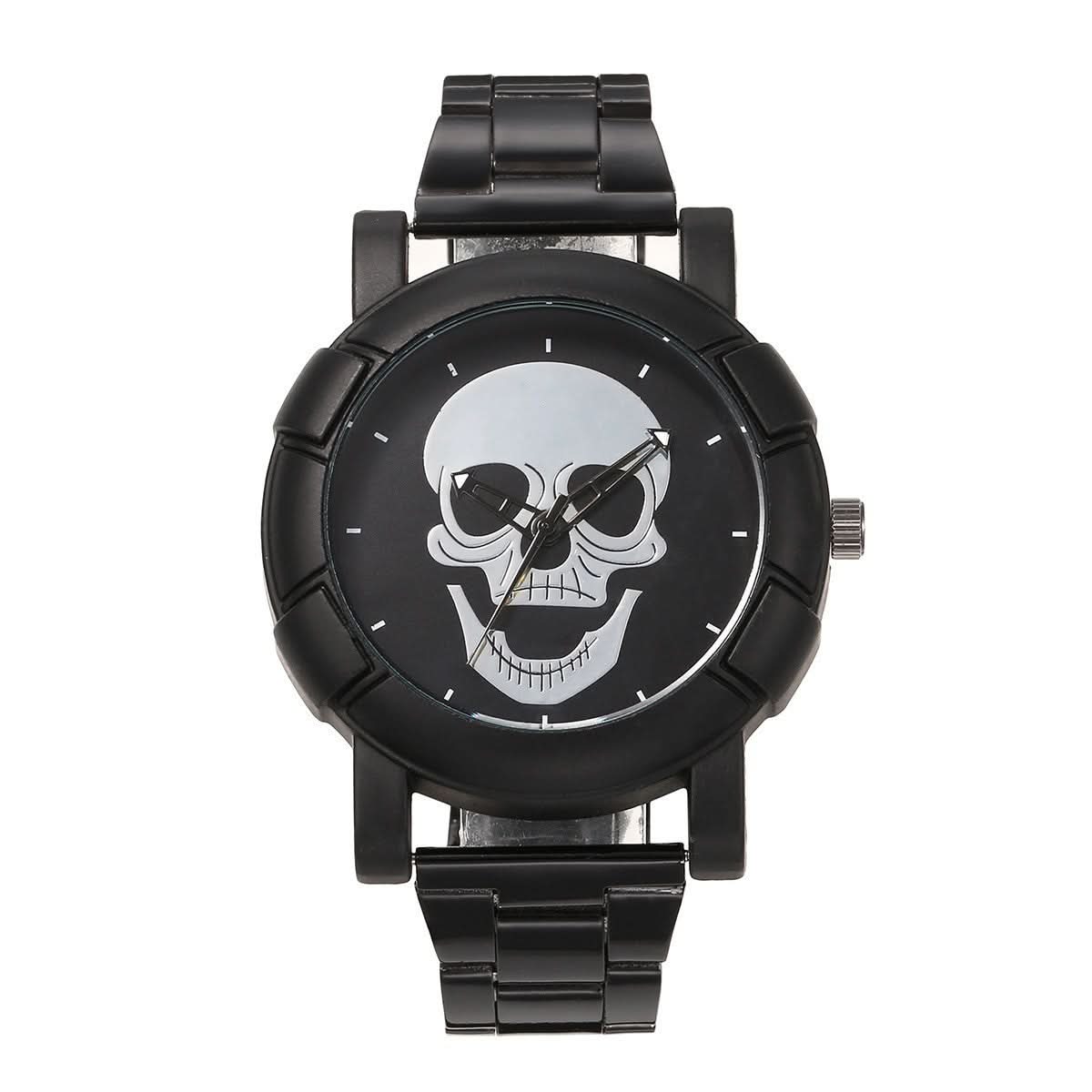 Men’s Skull Quartz Watch, Steel Band