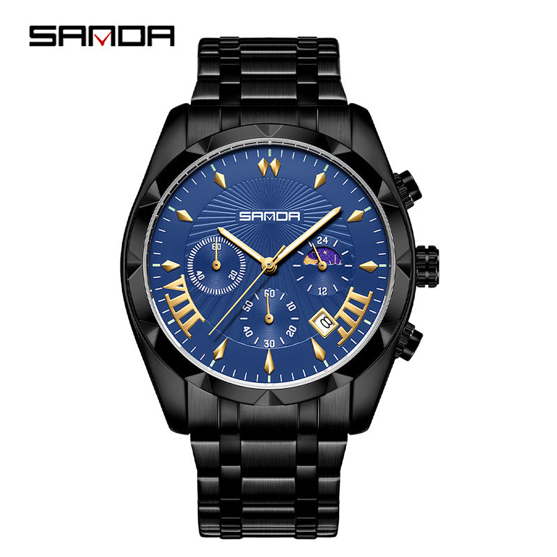 SANDA Men's Stainless Steel Sports Watch – Waterproof Quartz with Three-Eye Design
