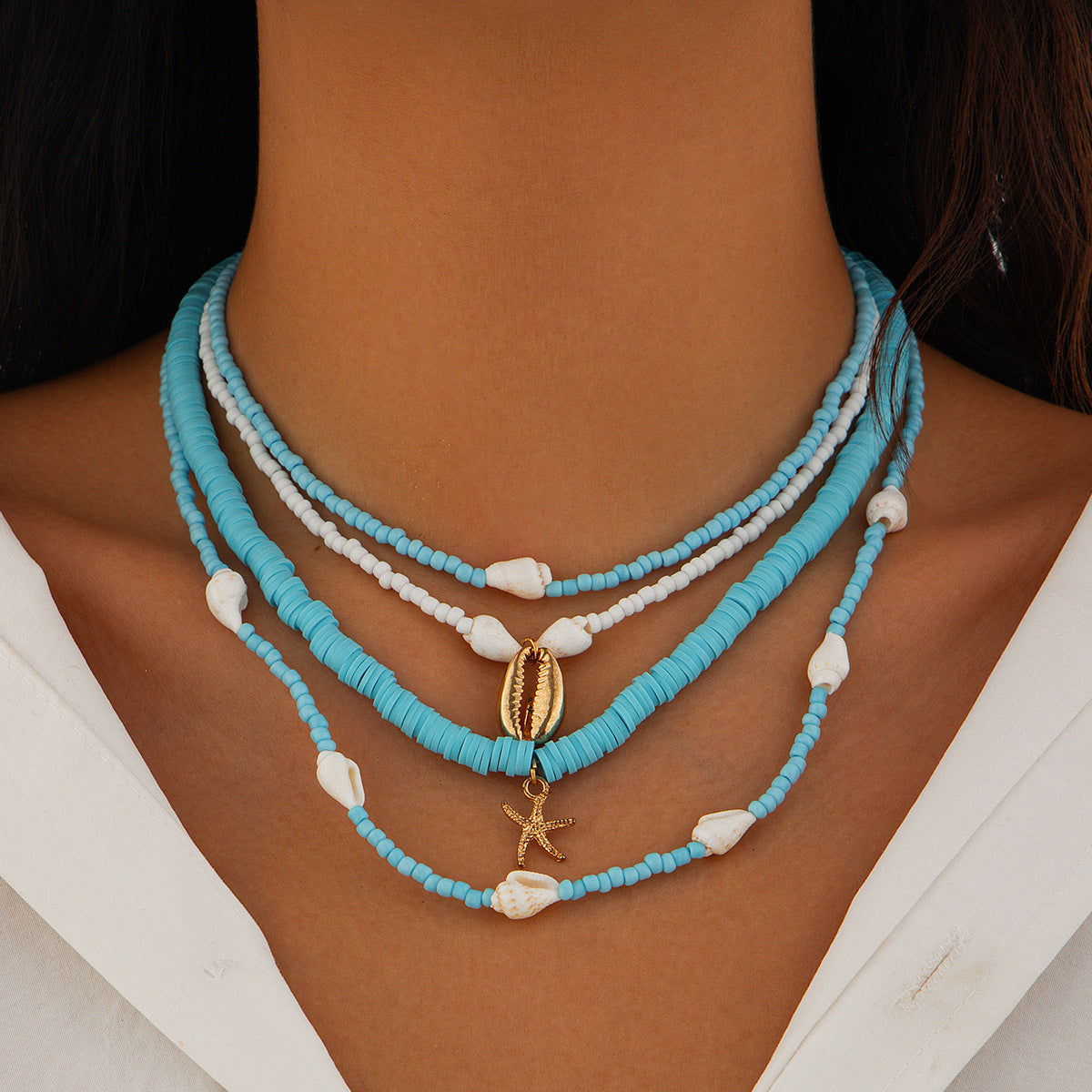 Aqua Shells Bead Cascade Necklace for Women – Fashionable Alloy Jewelry