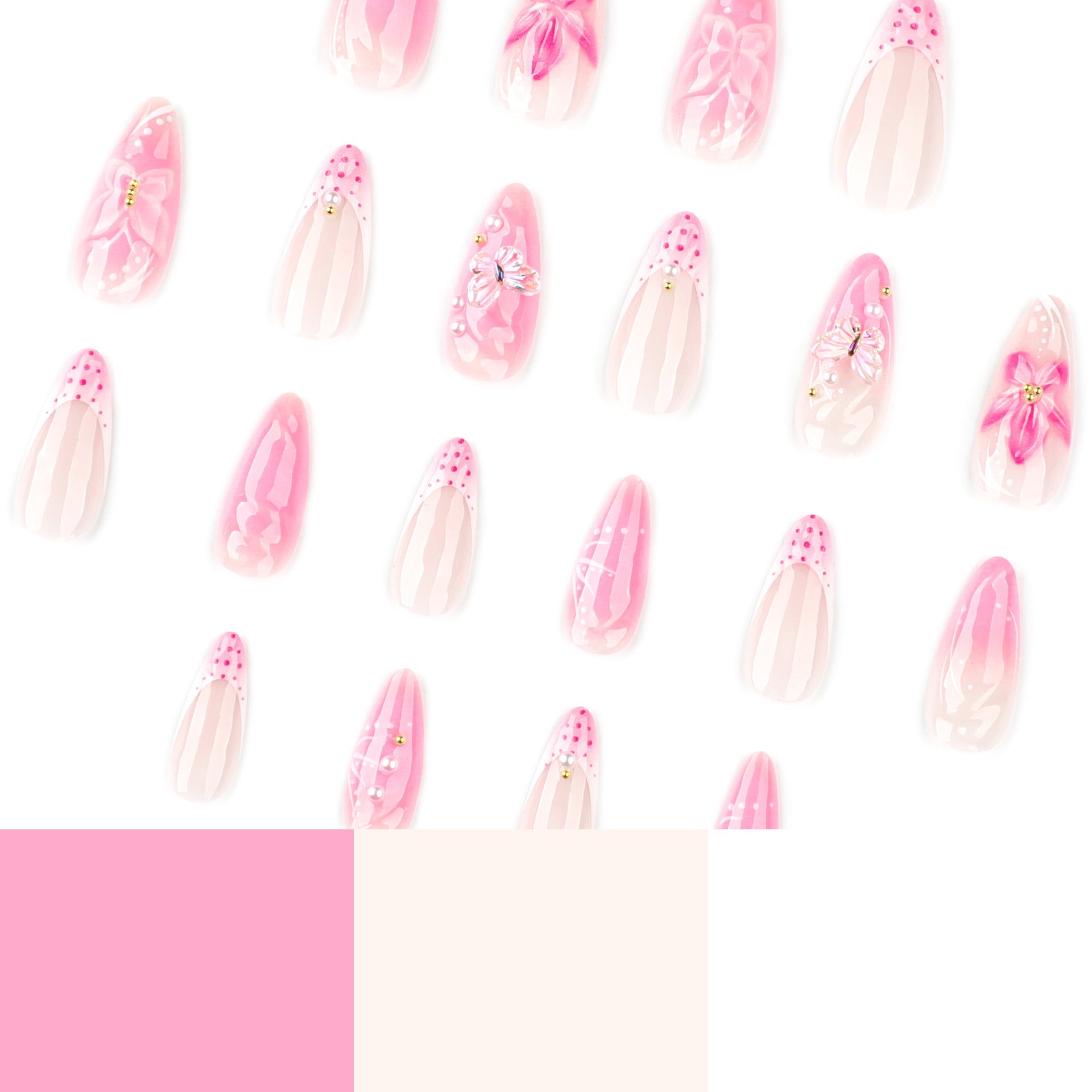 3D Butterfly Floral Press-On Nails – Long Almond Pink & White, Swirl Acrylic Set