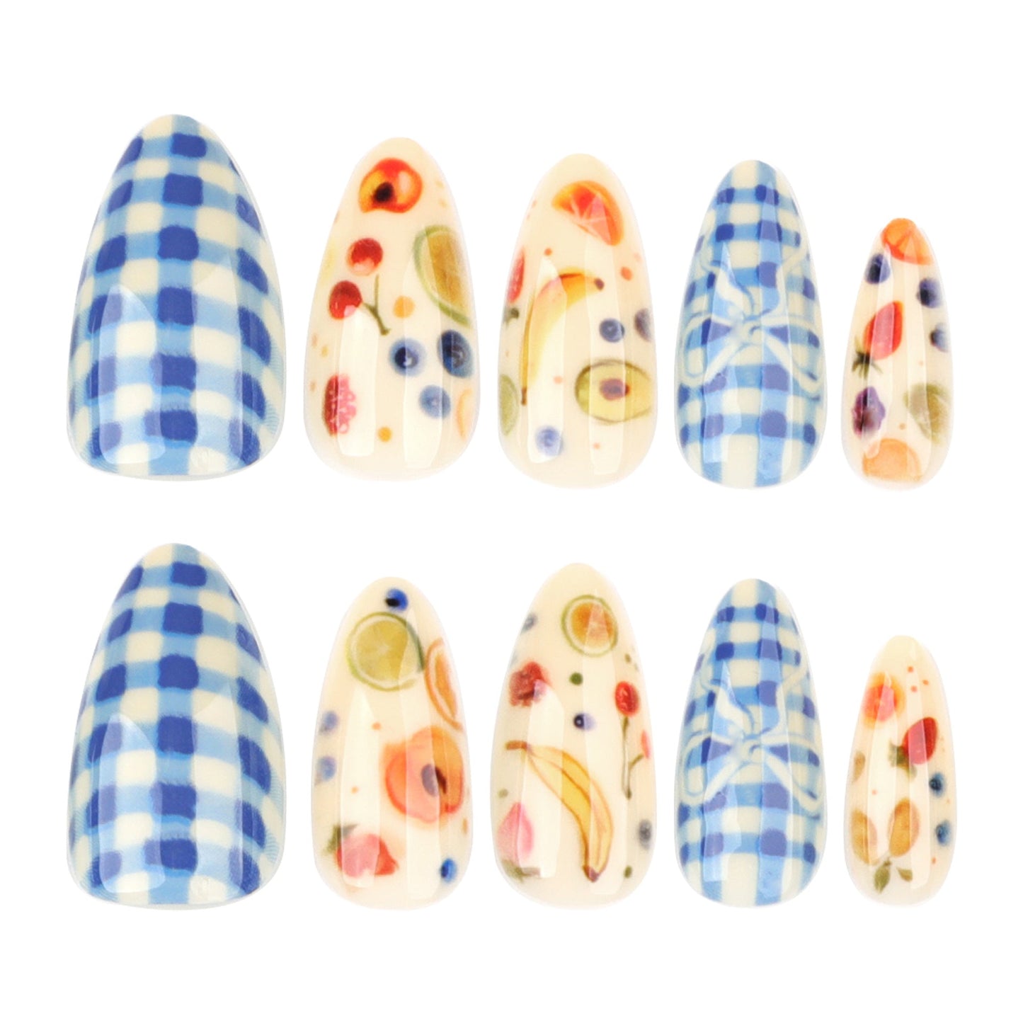 Blue Checkered Fruit Press-On Nails – Medium Coffin Glossy Summer Nail Art Set
