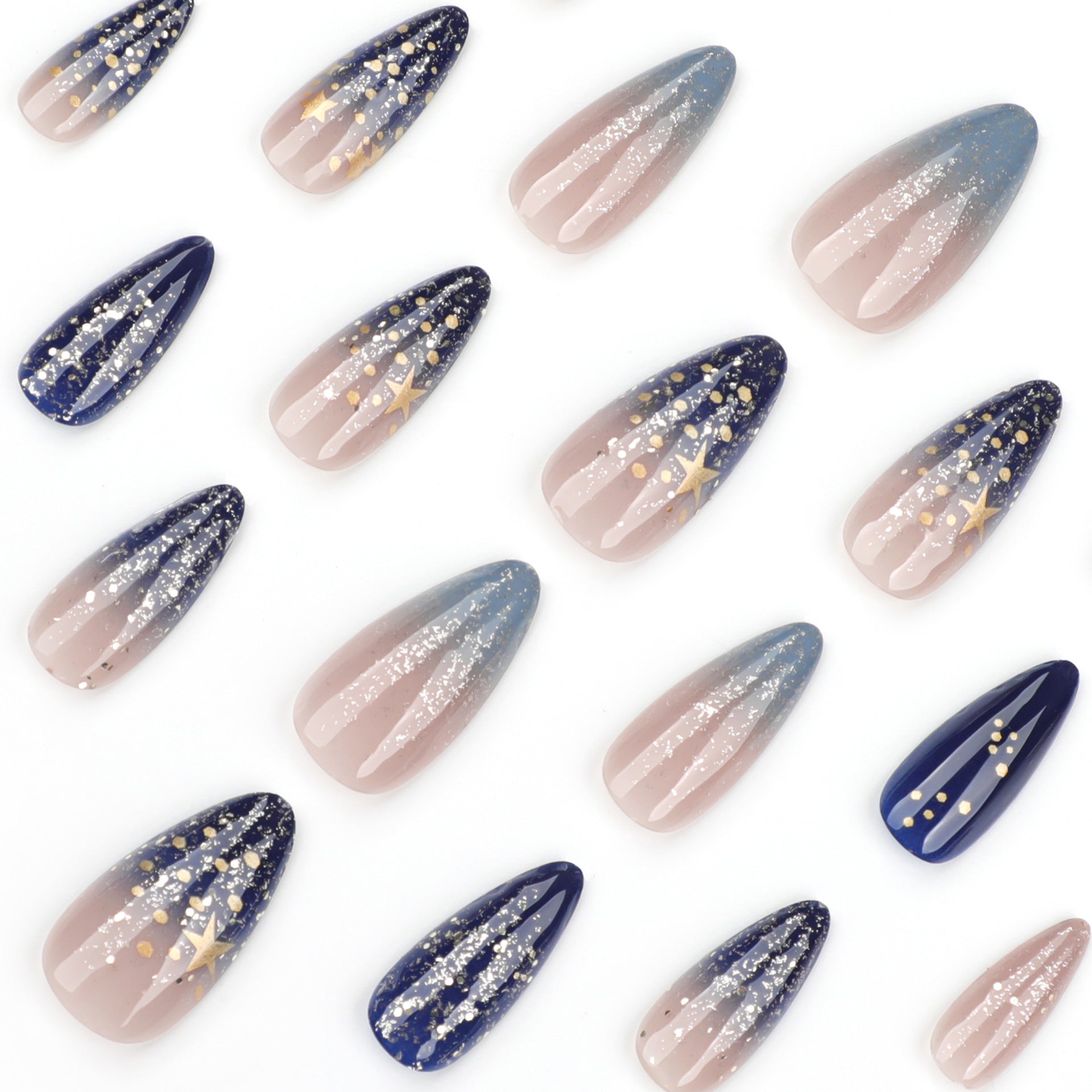 Celestial Stiletto Press-On Nails – Navy & Gold Gradient with Star Glitter, Long Glue-On Set