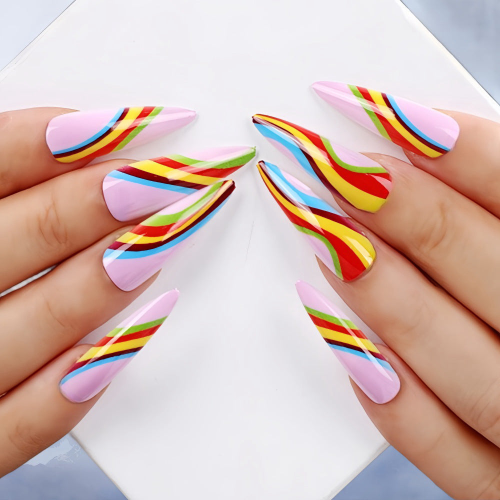 Dreamy Rainbow Stiletto Press-On Nails – Long Colorful Swirl Almond Tips