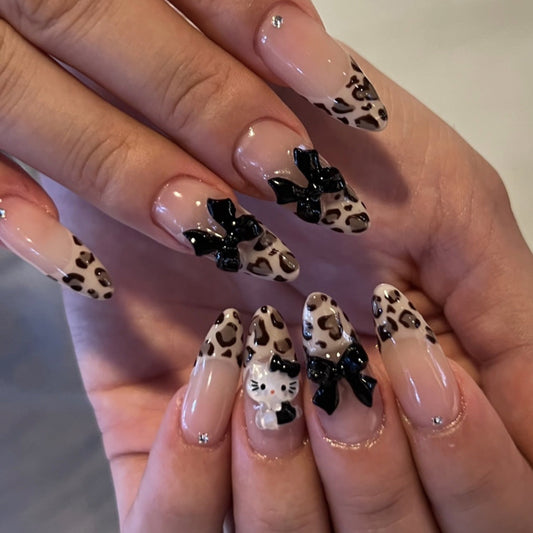 Leopard Print Press-On Nails – Long Almond with 3D Bows & Cute Cat Design