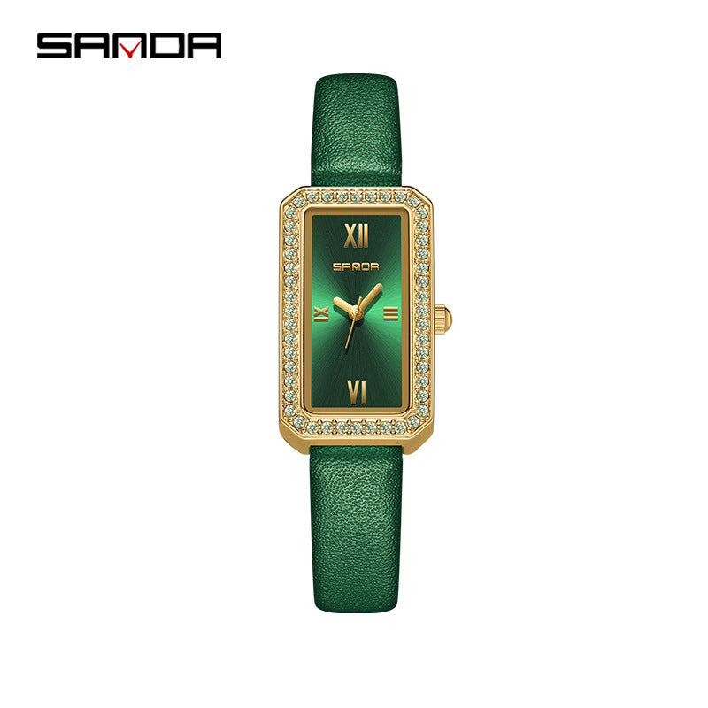 SANDA Women's Quartz Watch – Diamond-Accented Leather Strap, Casual Timepiece