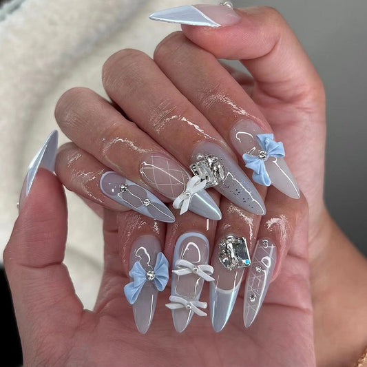 Glam Stiletto Press-On Nails – Blue & Silver with 3D Bows, Rhinestones Acrylic Set
