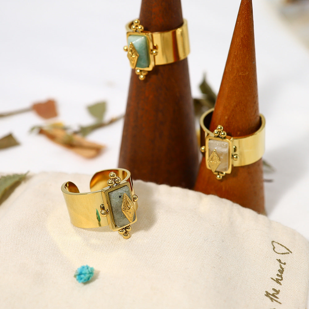 Gold Geometric Stone Ring for Women – Adjustable Retro Titanium Steel Jewelry