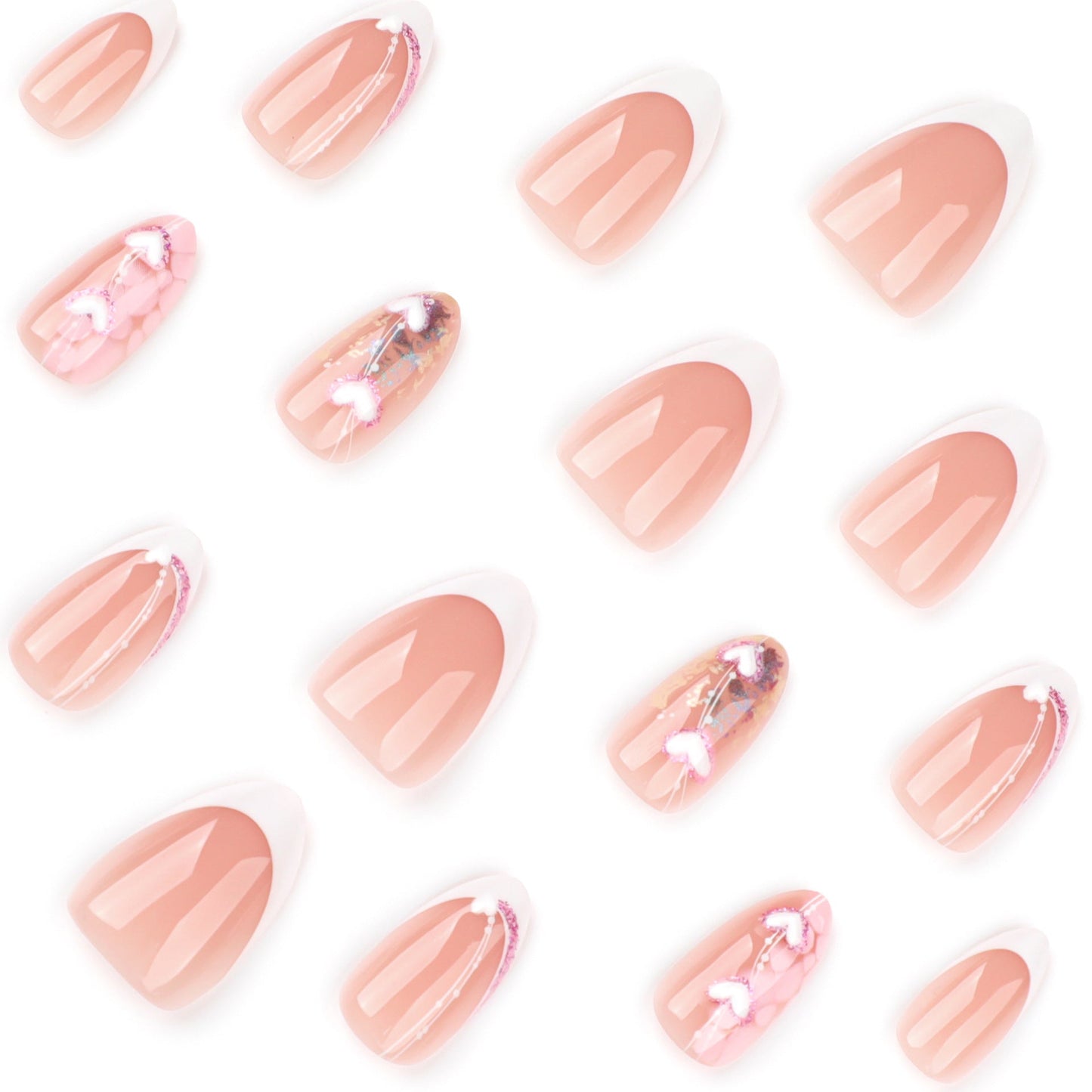 Romantic Oval Press-On Nails – French Tip & 3D Heart Design, Glossy Finish