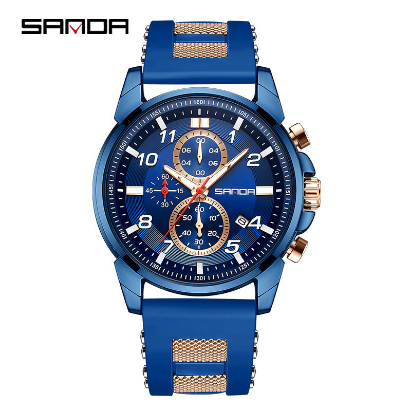 Sanda Men’s Silicone Quartz Watch – Three-Eye Chronograph, Waterproof Business Watch