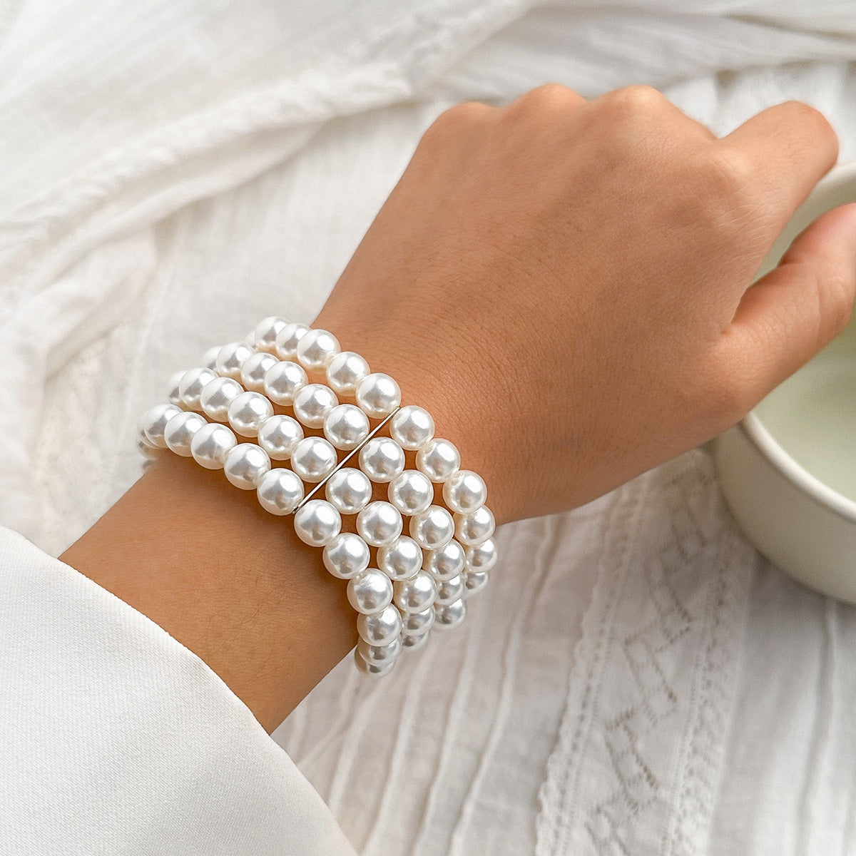 Classic Wrap Chunky Pearl Bracelet – 4-Layer French Style Imitation Pearl Jewelry
