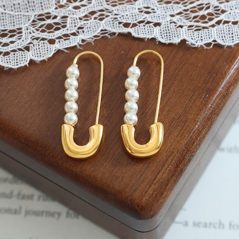 Retro Paper Clip Pearl Earrings for Women – Titanium Steel, Geometric