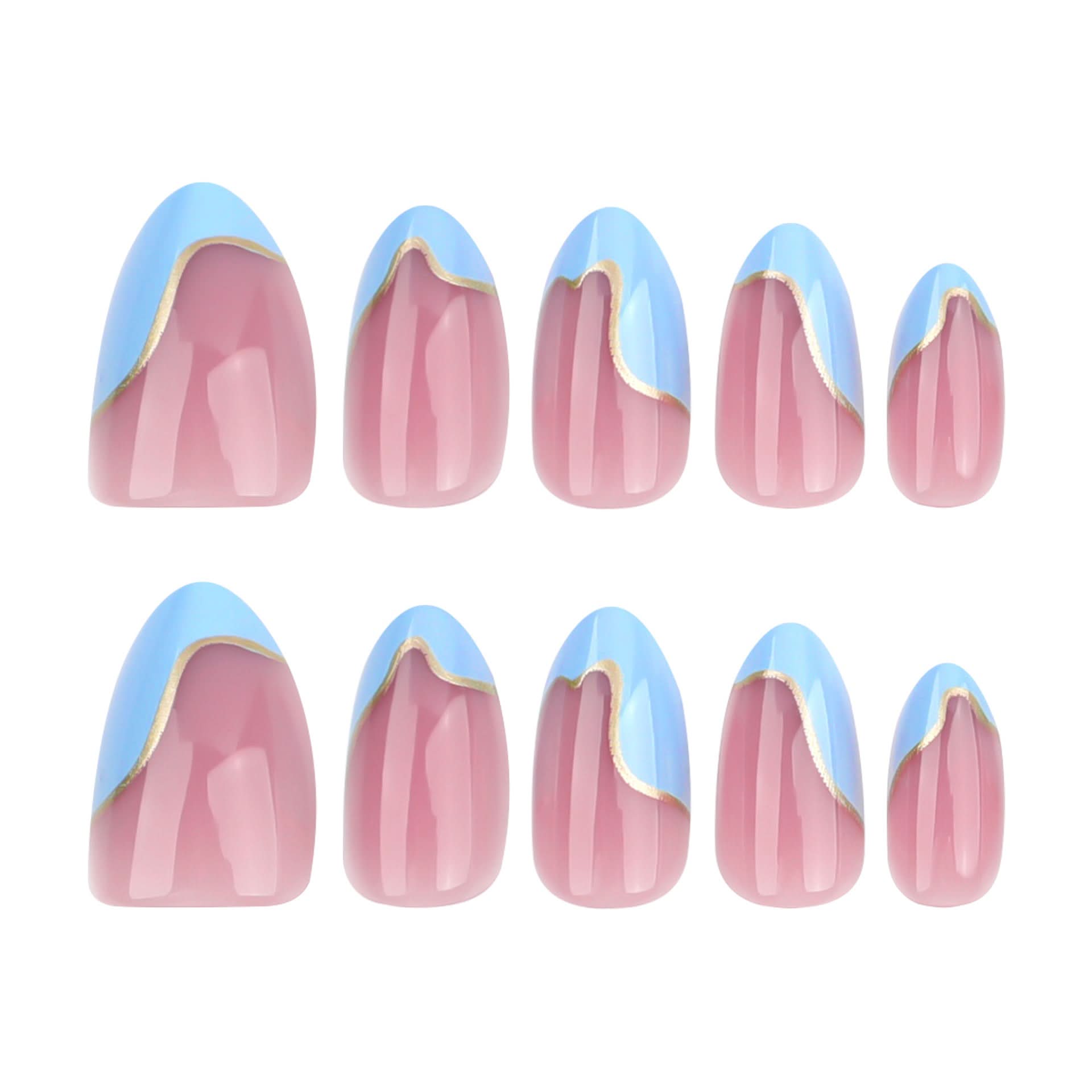 French Blue & Pink Press-On Nails – Short Almond-Shaped Wavy French Tip Design