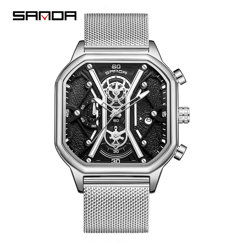 SANDA Men's Square Quartz Watch – Waterproof Luminous Mesh Stainless Steel Strap