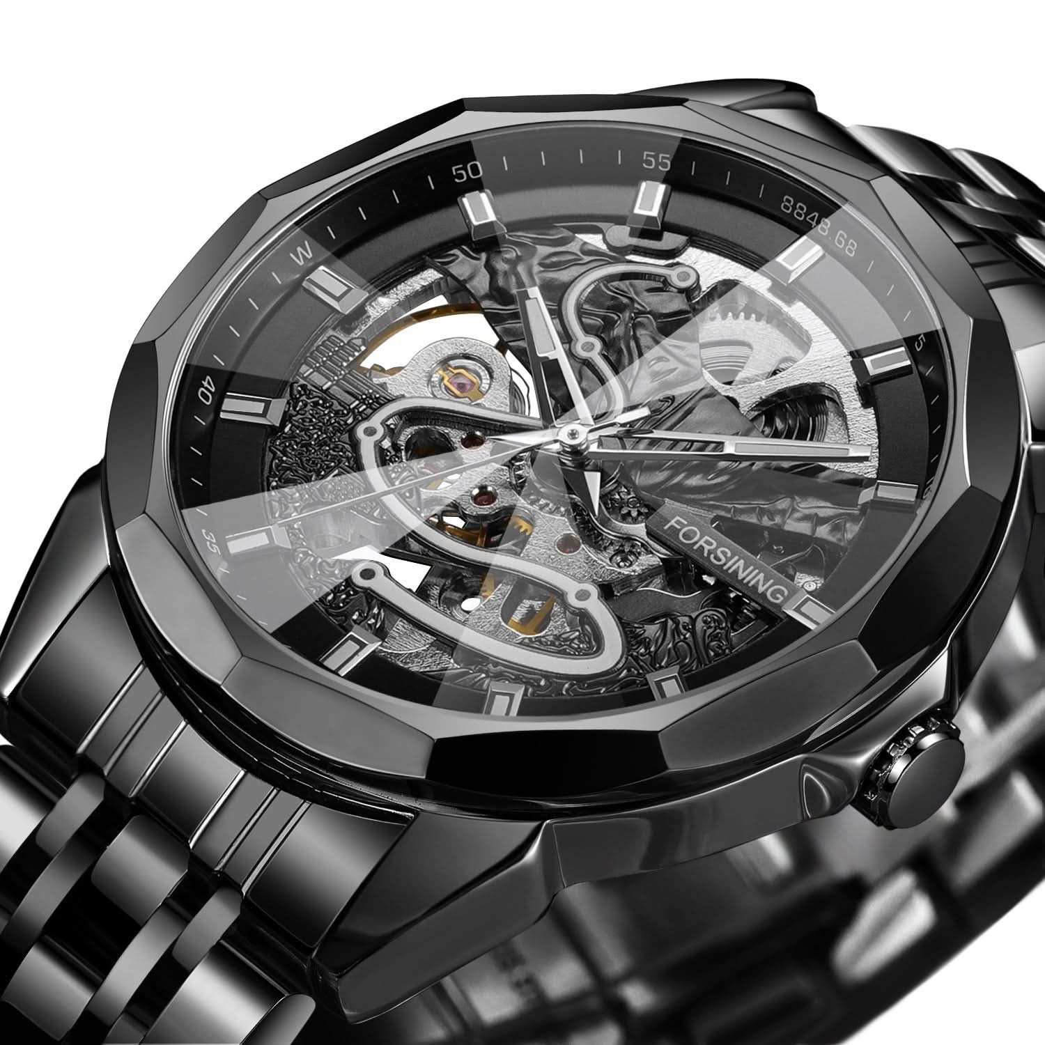 Men’s Mechanical Watch – Diamond Glass Dial, Stainless Steel Strap