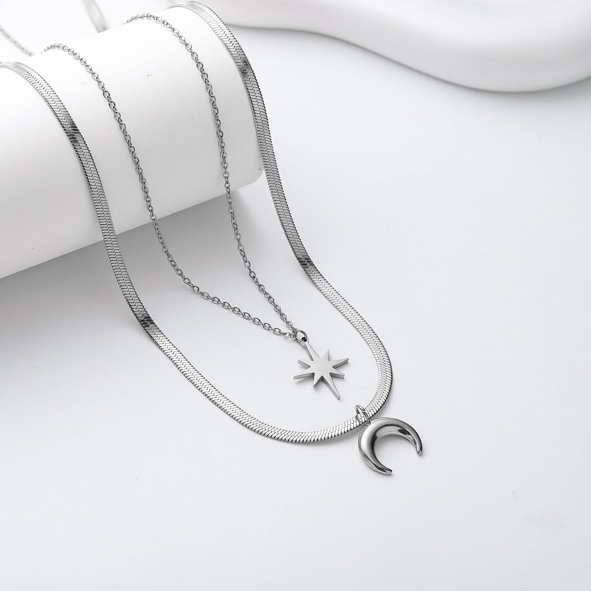 Men's Double-Layer Moon Necklace – Star and Moon Pendant
