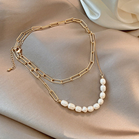 Korean Style Pearl Strand Necklace for Women – Rectangular Link Titanium Steel Jewelry