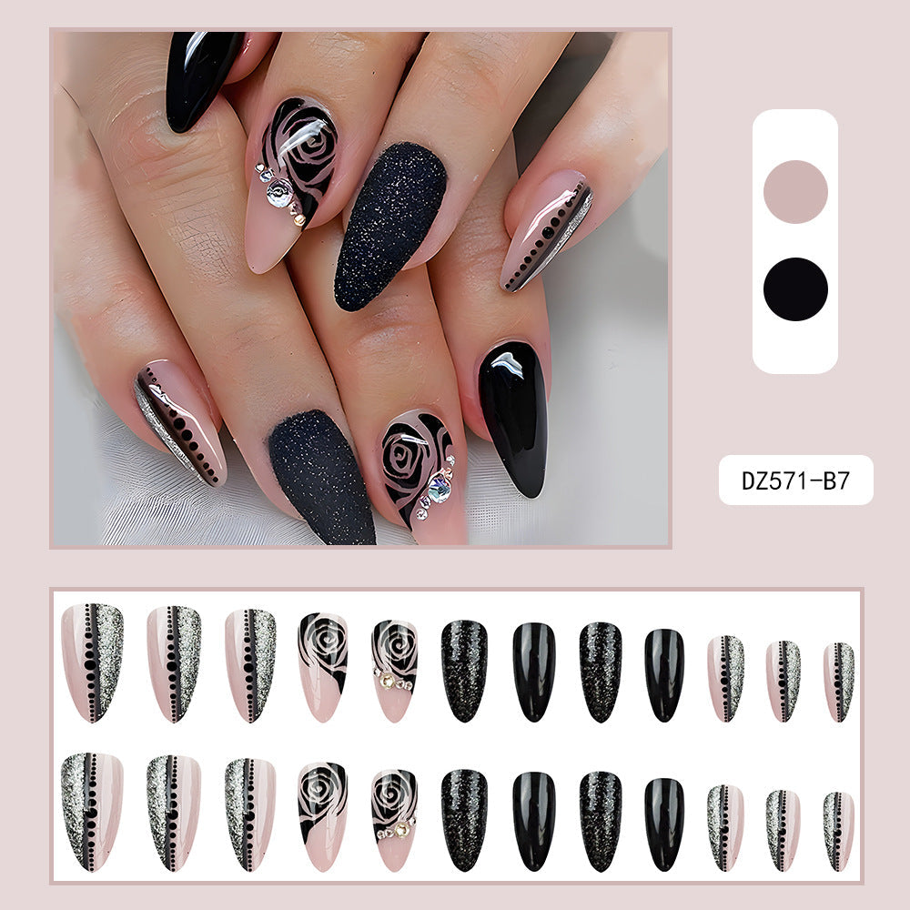Black Rose Glitter Press-On Nails – Medium Almond Acrylic with Gem Accents