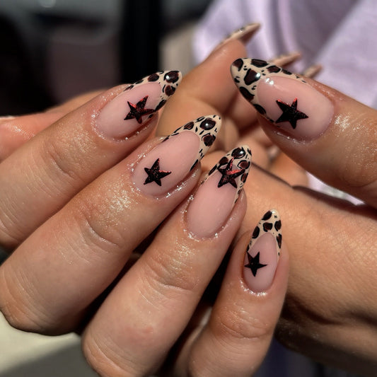 Leopard Star Almond Press-On Nails – Bold Glossy Glue-On Acrylic Set
