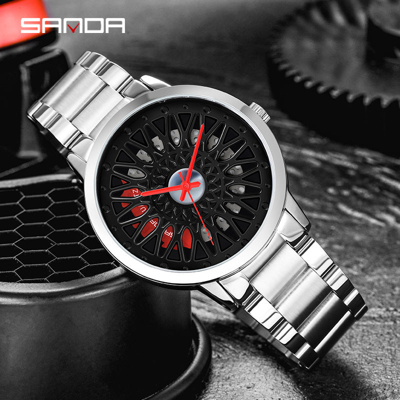 Sanda Men’s Quartz Watch – Hollow Wheel Dial, Stainless Steel Band Casual Timepiece