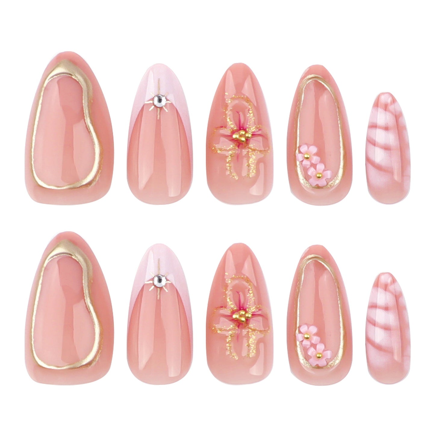 Elegant Pink Floral Press-On Nails – Long Almond, 3D Flowers & Gold Detailing