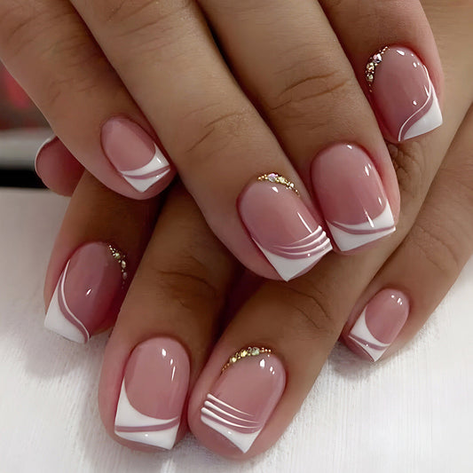 French Tip Press-On Nails – Medium Square Acrylic Nail Set with Gem Accents