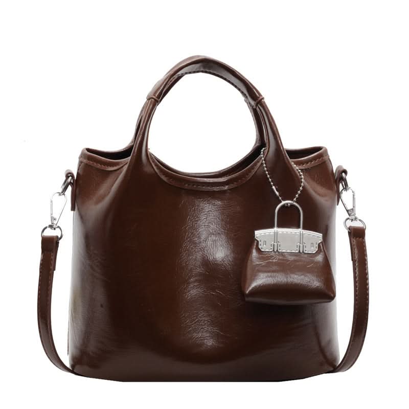 Women's Elegant Leather Bucket Bag – Shoulder Tote with Matching Keychain