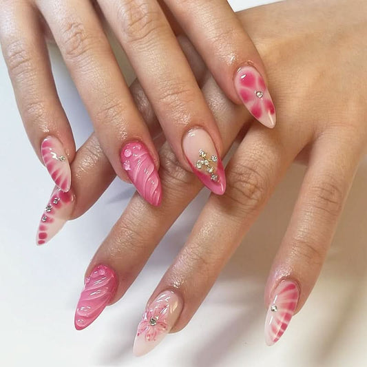 Glossy Almond Press-On Nails – Pink & Nude French Swirl with Floral Accents