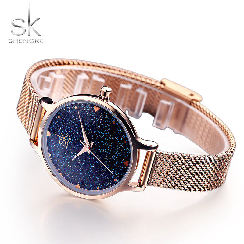 SK Starry Sky Women’s Quartz Watch – Fashion Waterproof Wristwatch with Mesh Strap