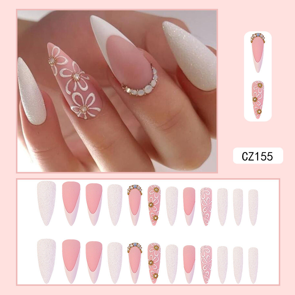 Floral Rhinestone Stiletto Press-On Nails – Long Pink & White Almond Nails