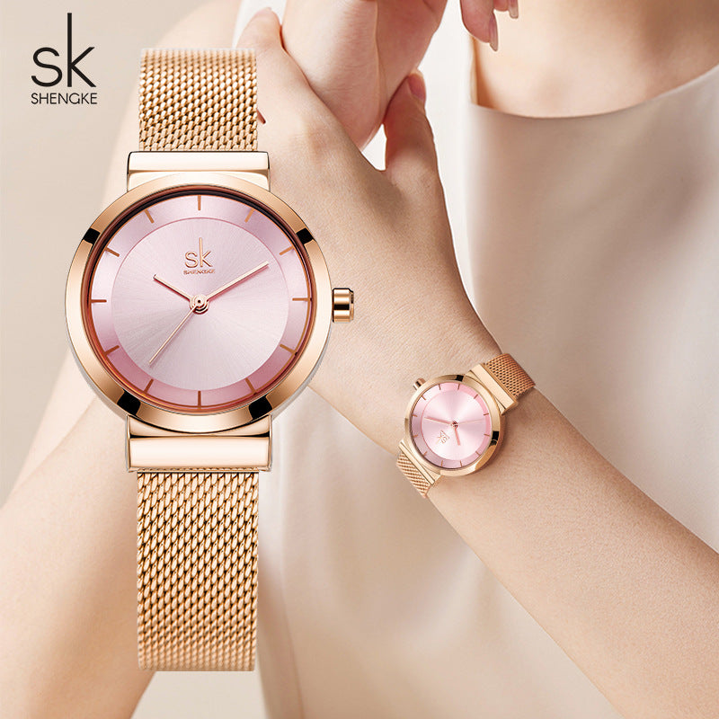 SK Women’s Fashion Quartz Watch – Stainless Steel Mesh Strap, 30M Waterproof Round Dial
