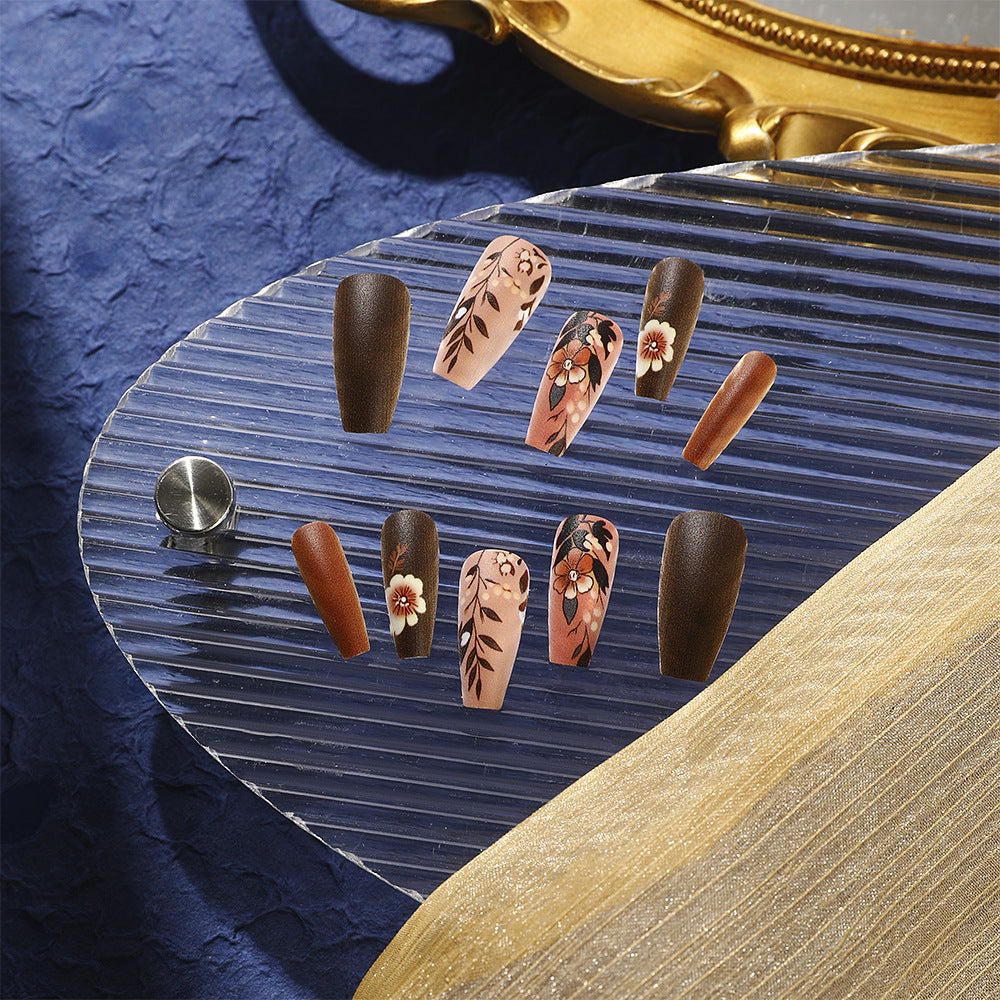 Chic Floral Press-On Nails – Medium Square & Almond Matte Brown and Nude Nails