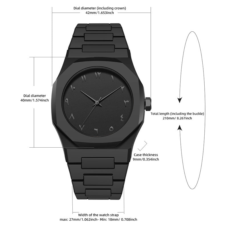 Men’s Black Matte Arabic Numerals Quartz Watch – Waterproof Casual Timepiece