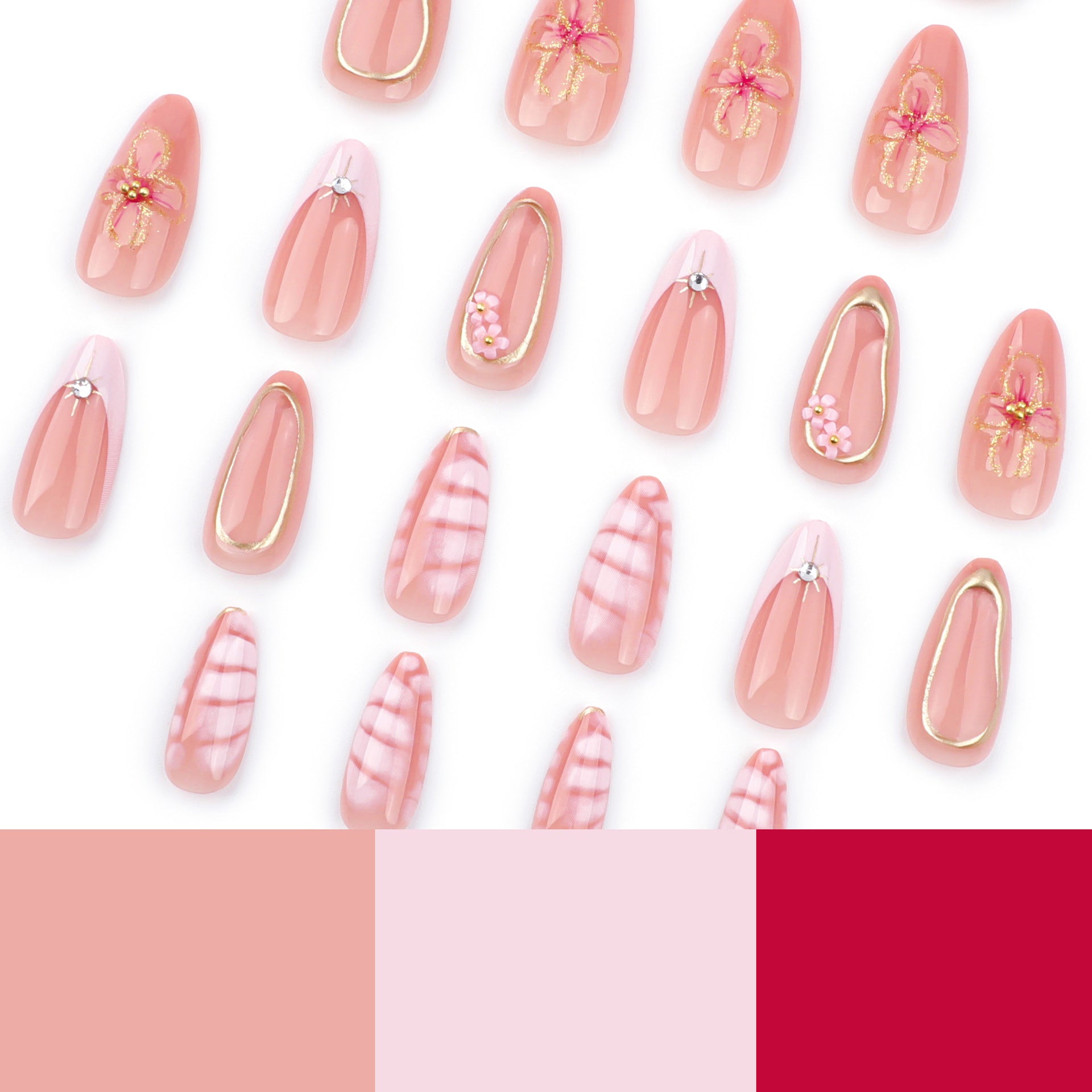 Elegant Pink Floral Press-On Nails – Long Almond, 3D Flowers & Gold Detailing