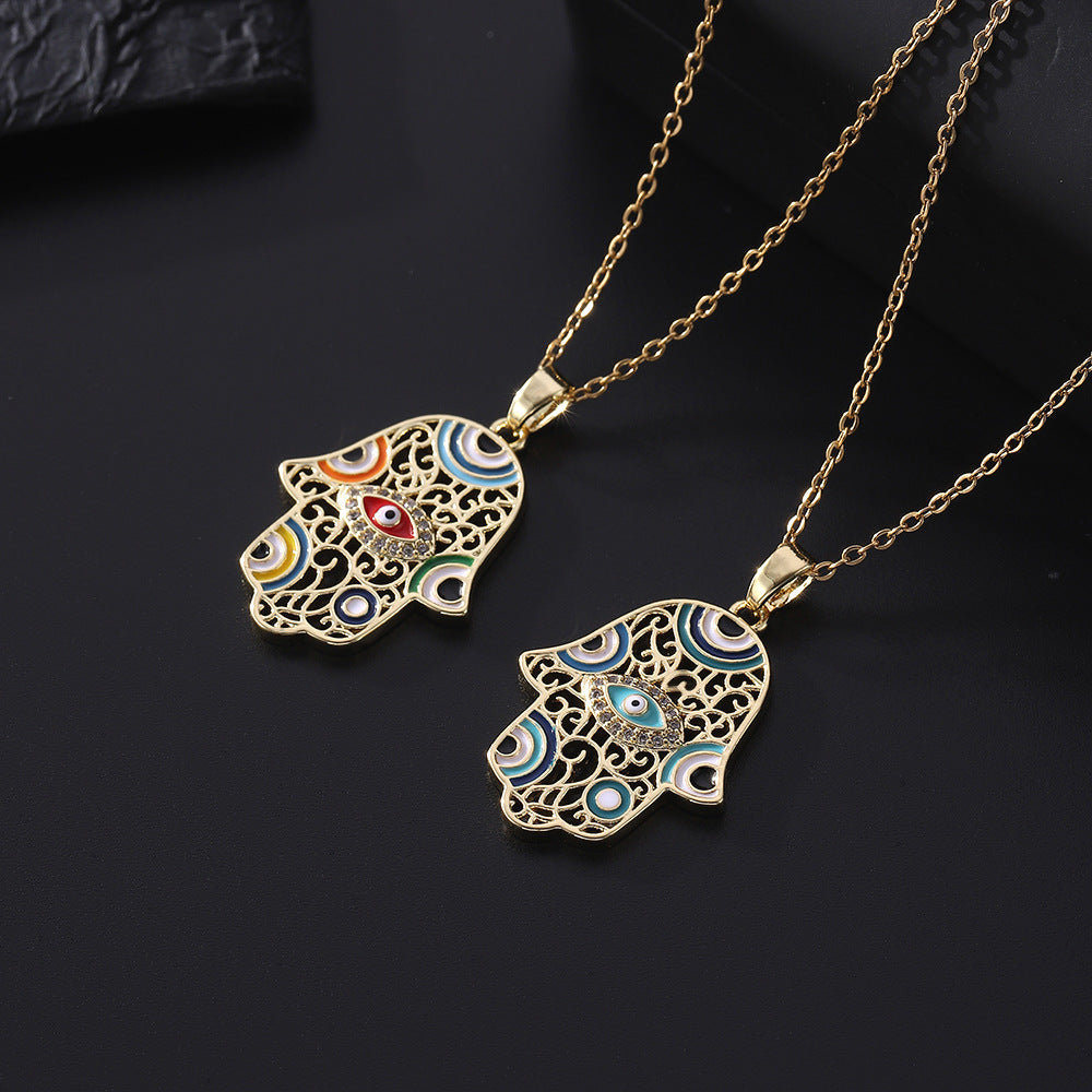 Evil Eye Palm Pendant Necklace – Unisex Hip Hop Gold-Plated Copper Chain