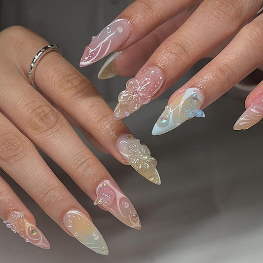 Pastel Rainbow Press-On Nails – Long Stiletto 3D Butterfly & Floral Design