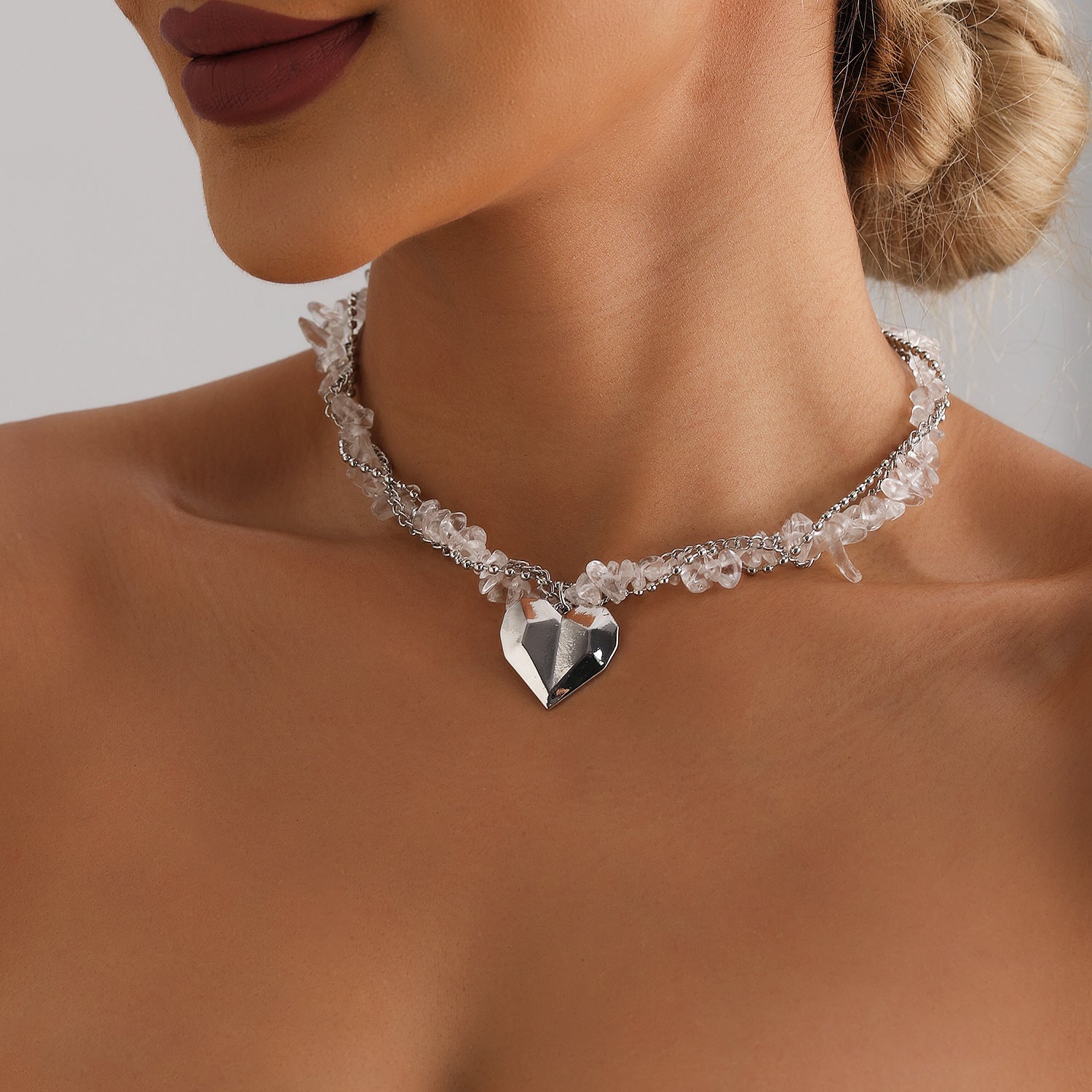 Elegant Heart Crystal Necklace – Silver Multi-Layer Clavicle Chain for Women
