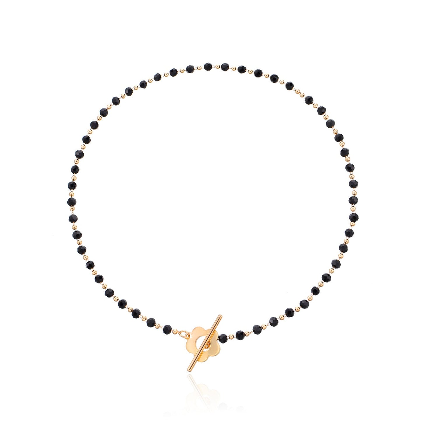 Black Crystal Beaded Flower Necklace for Women – Minimalist Short Choker Jewelry